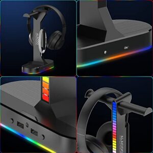 RGB Headset Holder- Gaming Headphone Stand, Headset Stand with 2USB Port and 3.5mm Audio Port, Adjustable Ambient Light and Auto-Sensing Rhythm Light, Gamers Desktop Gaming Earphone Accessories.