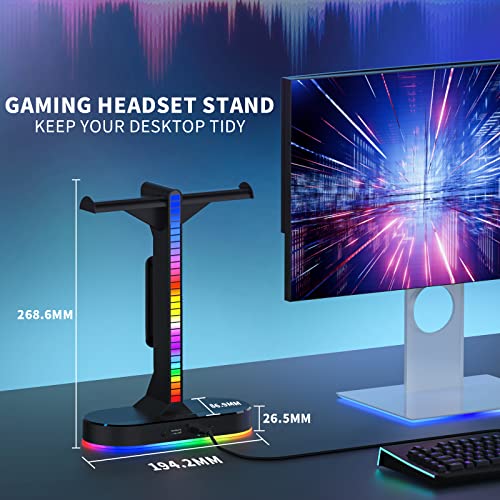 RGB Headset Holder- Gaming Headphone Stand, Headset Stand with 2USB Port and 3.5mm Audio Port, Adjustable Ambient Light and Auto-Sensing Rhythm Light, Gamers Desktop Gaming Earphone Accessories.