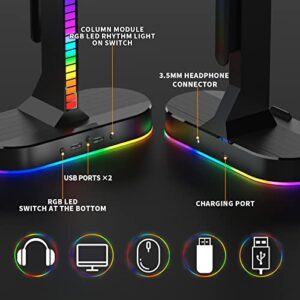 RGB Headset Holder- Gaming Headphone Stand, Headset Stand with 2USB Port and 3.5mm Audio Port, Adjustable Ambient Light and Auto-Sensing Rhythm Light, Gamers Desktop Gaming Earphone Accessories.