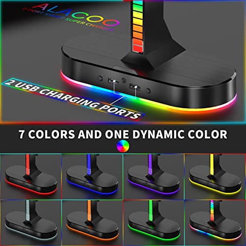 RGB Headset Holder- Gaming Headphone Stand, Headset Stand with 2USB Port and 3.5mm Audio Port, Adjustable Ambient Light and Auto-Sensing Rhythm Light, Gamers Desktop Gaming Earphone Accessories.