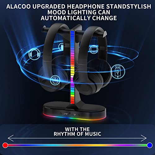 RGB Headset Holder- Gaming Headphone Stand, Headset Stand with 2USB Port and 3.5mm Audio Port, Adjustable Ambient Light and Auto-Sensing Rhythm Light, Gamers Desktop Gaming Earphone Accessories.