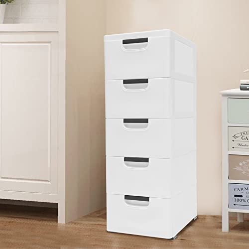 LOYALHEARTDY Plastic Drawers Dresser, 5 Drawers Dressers Chests with Wheels, White Storage Closet Cabinet Clothes Toys Snacks Organizer for Bedroom, Living Room, Playroom