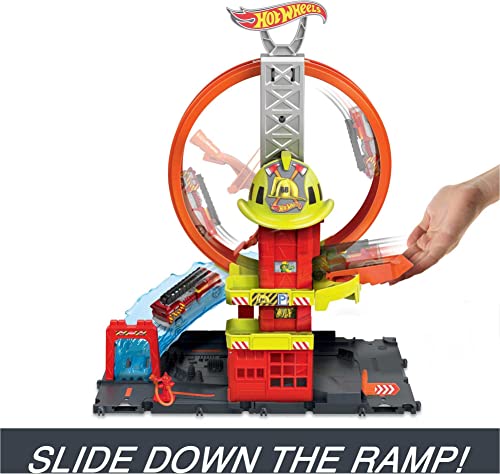 Hot Wheels Toy Car Track Set City Super Loop Fire Station & 1:64 Scale Firetruck, Connects to Other Sets