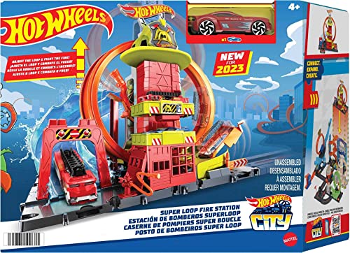 Hot Wheels Toy Car Track Set City Super Loop Fire Station & 1:64 Scale Firetruck, Connects to Other Sets