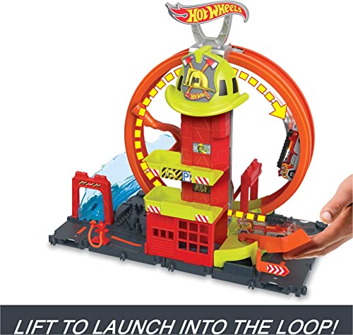 Hot Wheels Toy Car Track Set City Super Loop Fire Station & 1:64 Scale Firetruck, Connects to Other Sets