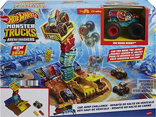 Hot Wheels Monster Trucks Arena Smashers Demo Derby Car Jump Challenge, Demo Derby Toy Truck in 1:64 Scale & 2 Crushable Cars