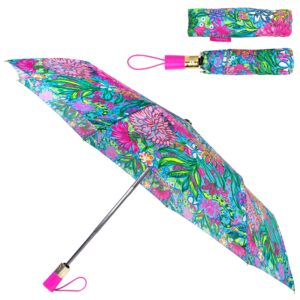 lilly pulitzer travel umbrella compact, cute umbrella with automatic open and storage sleeve, folding umbrella for rain or sun protection (walking on sunshine), one size