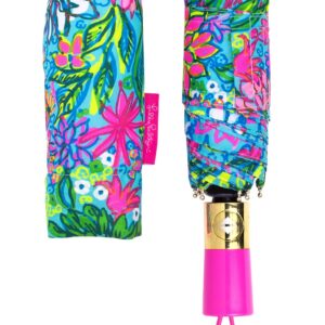 Lilly Pulitzer Travel Umbrella Compact, Cute Umbrella with Automatic Open and Storage Sleeve, Folding Umbrella for Rain or Sun Protection (Walking on Sunshine), One Size