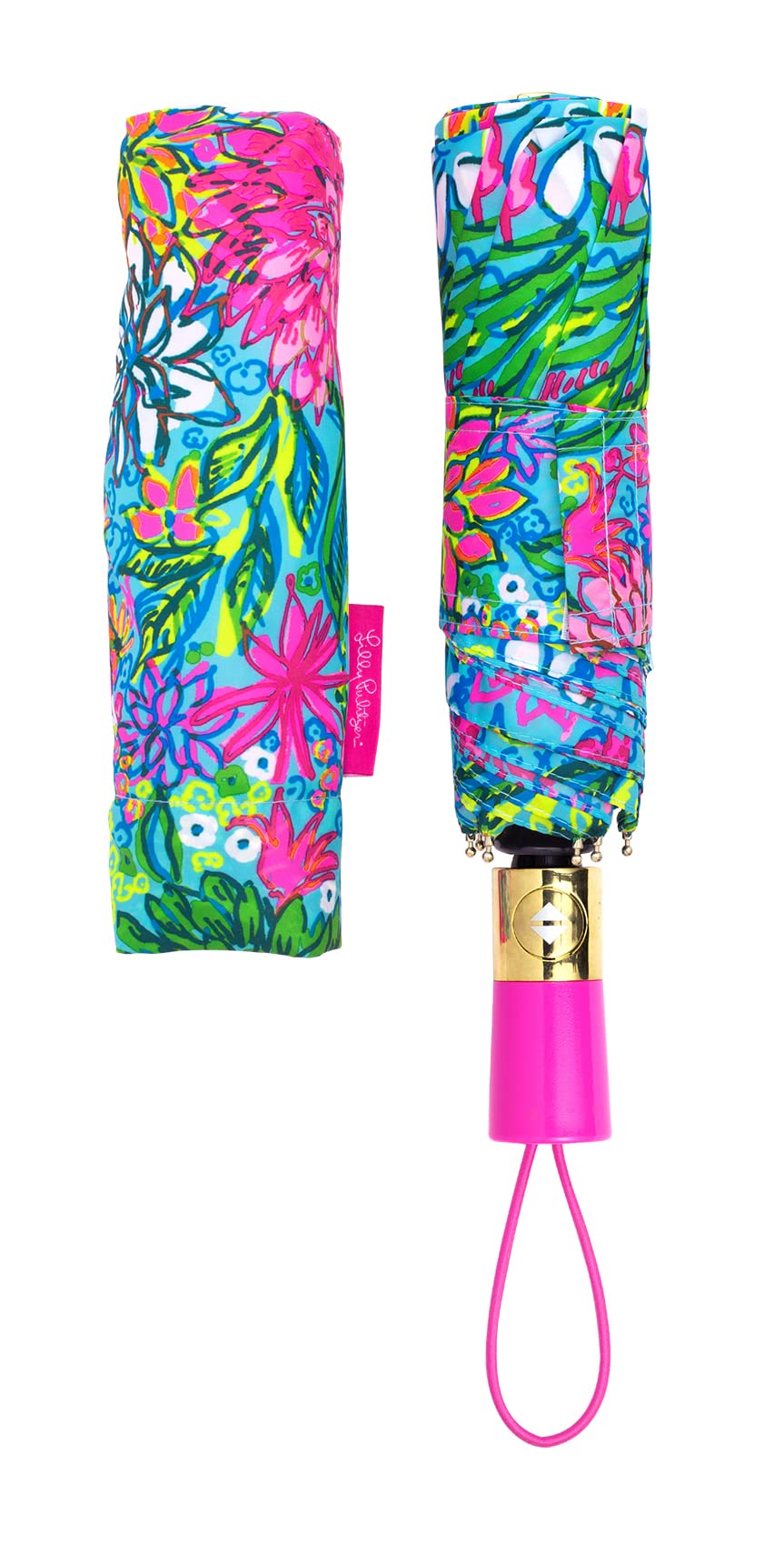 Lilly Pulitzer Travel Umbrella Compact, Cute Umbrella with Automatic Open and Storage Sleeve, Folding Umbrella for Rain or Sun Protection (Walking on Sunshine), One Size