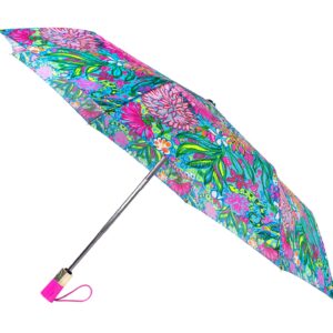 Lilly Pulitzer Travel Umbrella Compact, Cute Umbrella with Automatic Open and Storage Sleeve, Folding Umbrella for Rain or Sun Protection (Walking on Sunshine), One Size