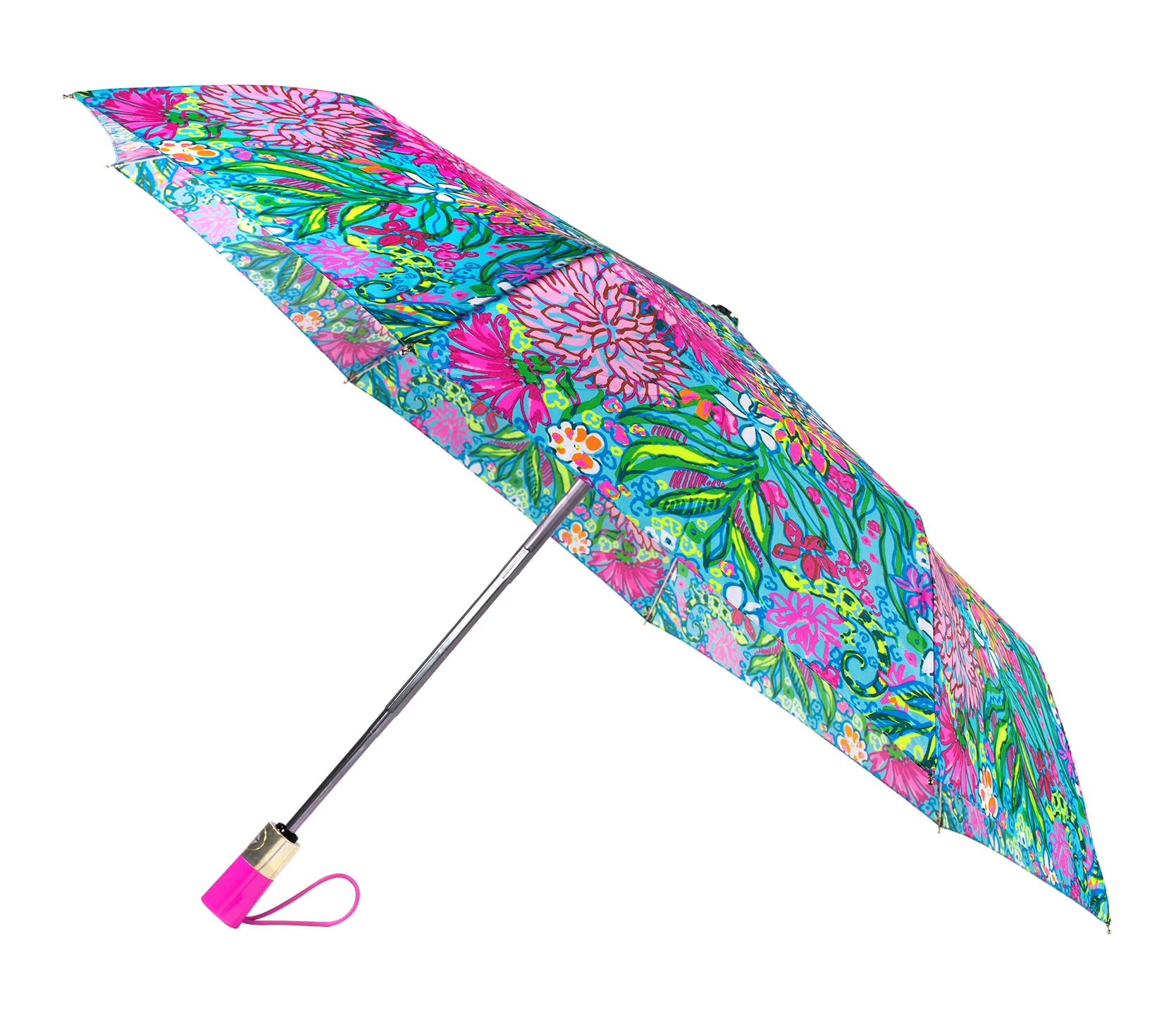 Lilly Pulitzer Travel Umbrella Compact, Cute Umbrella with Automatic Open and Storage Sleeve, Folding Umbrella for Rain or Sun Protection (Walking on Sunshine), One Size