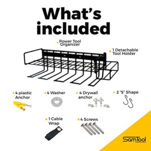 SamTool Power Tool Organizer Wall Mount with Detachable Tool Holder, S Shape Holder & Cable Strap for Drill Holder and Garage Organization Tools