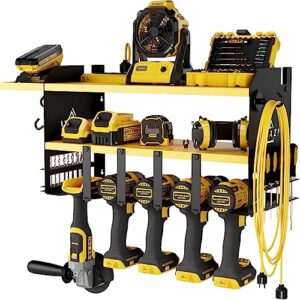 SPAZI Power Tool Organizer Wall Mount (25.5'' Lx9'' Wx12'' H) Storage Rack with Drill Holder, Tray, & 4 Magnetic Hooks - Steel Cordless -Garage w/ 2 Shelves, Black Yellow