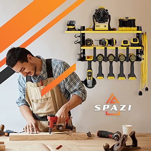 SPAZI Power Tool Organizer Wall Mount (25.5'' Lx9'' Wx12'' H) Storage Rack with Drill Holder, Tray, & 4 Magnetic Hooks - Steel Cordless -Garage w/ 2 Shelves, Black Yellow
