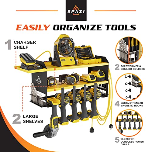 SPAZI Power Tool Organizer Wall Mount (25.5'' Lx9'' Wx12'' H) Storage Rack with Drill Holder, Tray, & 4 Magnetic Hooks - Steel Cordless -Garage w/ 2 Shelves, Black Yellow