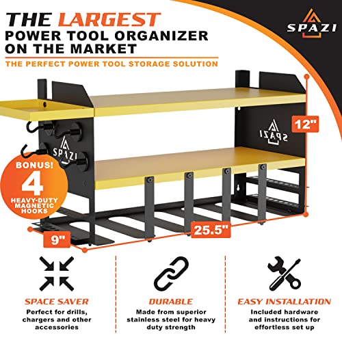 SPAZI Power Tool Organizer Wall Mount (25.5'' Lx9'' Wx12'' H) Storage Rack with Drill Holder, Tray, & 4 Magnetic Hooks - Steel Cordless -Garage w/ 2 Shelves, Black Yellow