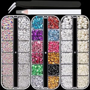 3 boxes of flat back nail art crystal rhinestones+pearl set 1 colorful+ab+transparent white rhinestone+half round white&beige pearl with picker pencil and tweezer for home diy and professional use