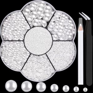 nail art flat back half round pearl kits 3, 1 box of 5600 pcs flat-back white pearl with tweezer and picker pencil for home diy nails body face craft and salon use