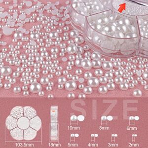 Nail Art Flat Back Half Round Pearl Kits 3, 1 Box of 5600 Pcs Flat-Back White Pearl with Tweezer and Picker Pencil for Home DIY Nails Body Face Craft and Salon Use