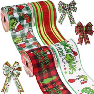 christmas ribbon wired 2 1/2”x 20yards(4 roll x 5 yards),christmas ribbon for wreaths bows diy,christmas green glitter stripe plaid burlap ribbon with wire for christmas decor crafts