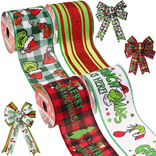 Christmas Ribbon Wired 2 1/2”x 20Yards(4 Roll x 5 Yards),Christmas Ribbon for Wreaths Bows DIY,Christmas Green Glitter Stripe Plaid Burlap Ribbon with Wire for Christmas Decor Crafts