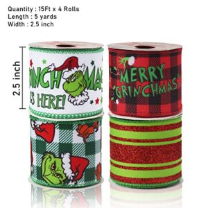 Christmas Ribbon Wired 2 1/2”x 20Yards(4 Roll x 5 Yards),Christmas Ribbon for Wreaths Bows DIY,Christmas Green Glitter Stripe Plaid Burlap Ribbon with Wire for Christmas Decor Crafts