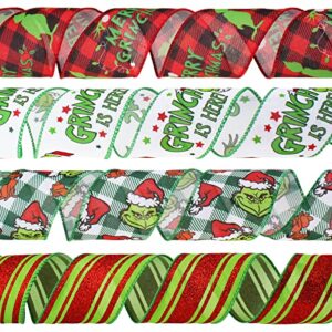 Christmas Ribbon Wired 2 1/2”x 20Yards(4 Roll x 5 Yards),Christmas Ribbon for Wreaths Bows DIY,Christmas Green Glitter Stripe Plaid Burlap Ribbon with Wire for Christmas Decor Crafts