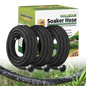 holldoor 3 pack short soaker hose 15 ft for garden beds, 1/2’’ diameter garden hoses for soaker 50 ft, 70% water saving drip hose irrigation for lawn, landscaping, garden (15 feet x 3pack, black)