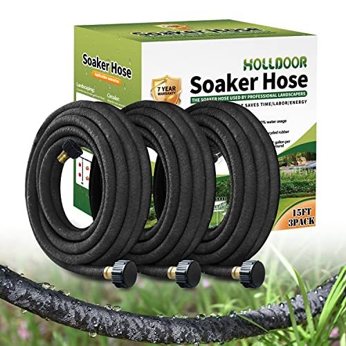 Holldoor 3 Pack Short Soaker Hose 15 Ft for Garden Beds, 1/2’’ Diameter Garden Hoses for Soaker 50 Ft, 70% Water Saving Drip Hose Irrigation for Lawn, Landscaping, Garden (15 FEET x 3PACK, Black)