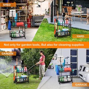 Garden Tool Storage Organizer with Wheels, Yard Tool Stand Holder Racks, Garage Tool Rack, Garden Tool Rolling Cart, Garage Organizers and Storage Hold Garden Tools for Garage Lawn and Outdoor