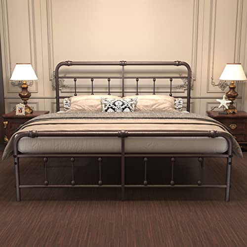 Debercu Cal-King-Size-Bed-Frame with-Headboard and Footboard - No Box Spring Need,Victorian Vintage Heavy Duty Metal Platform Mattress Foundation(Brown)