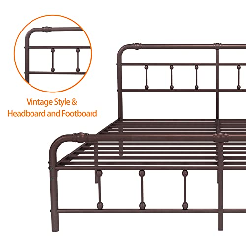 Debercu Cal-King-Size-Bed-Frame with-Headboard and Footboard - No Box Spring Need,Victorian Vintage Heavy Duty Metal Platform Mattress Foundation(Brown)