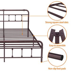 Debercu Cal-King-Size-Bed-Frame with-Headboard and Footboard - No Box Spring Need,Victorian Vintage Heavy Duty Metal Platform Mattress Foundation(Brown)