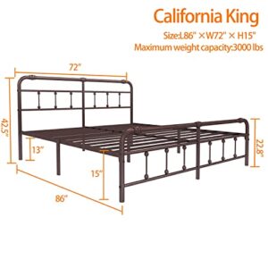 Debercu Cal-King-Size-Bed-Frame with-Headboard and Footboard - No Box Spring Need,Victorian Vintage Heavy Duty Metal Platform Mattress Foundation(Brown)