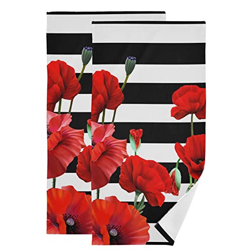 Red Poppy Hand Towels for Bathroom Set of 2 Black and White Striped Nature Botanical Floral Flowers Luxury Towels 16"x28" Soft Absorbent Bathroom Hand Towel for Face,Gym,Spa,Kitchen Dish Tea Towels