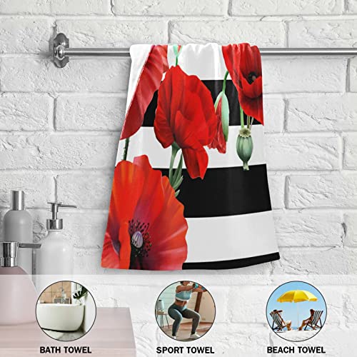 Red Poppy Hand Towels for Bathroom Set of 2 Black and White Striped Nature Botanical Floral Flowers Luxury Towels 16"x28" Soft Absorbent Bathroom Hand Towel for Face,Gym,Spa,Kitchen Dish Tea Towels