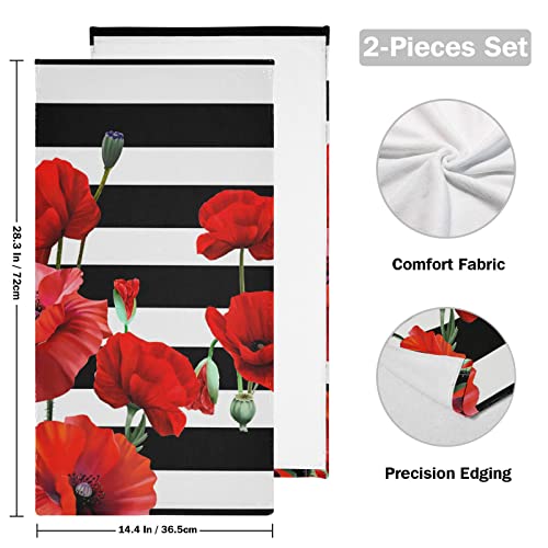 Red Poppy Hand Towels for Bathroom Set of 2 Black and White Striped Nature Botanical Floral Flowers Luxury Towels 16"x28" Soft Absorbent Bathroom Hand Towel for Face,Gym,Spa,Kitchen Dish Tea Towels