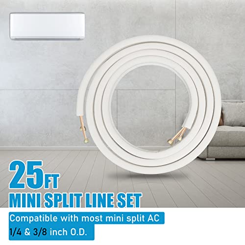 Air Jade 25 Ft. Mini Split Line Set, 1/4 & 3/8 inch O.D. & 3/8" PE Thickened Insulated Coil Copper Pipes with Fittings, for Ductless Mini Split Air Conditioning, Heat Pump Systems