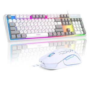 magegee gaming keyboard and mouse combo, k1 led rainbow backlit keyboard with 104 key computer pc gaming keyboard for pc/laptop(gray & white)
