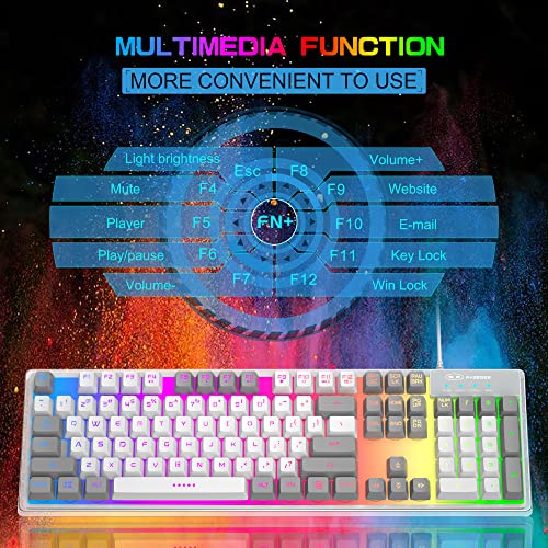 MageGee Gaming Keyboard and Mouse Combo, K1 LED Rainbow Backlit Keyboard with 104 Key Computer PC Gaming Keyboard for PC/Laptop(Gray & White)