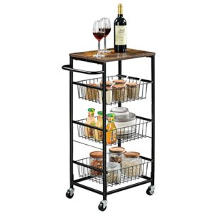 leguang kitchen storage rolling cart on wheels, 4 tier metal rolling utility carts microwave rack with wooden tabletop for kitchen island, bathroom, living room(black)