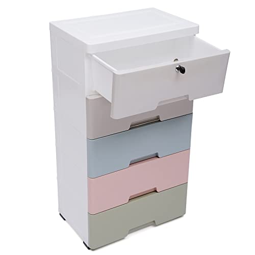 Plastic Drawers Dresser, 5 Drawers Storage Cabinet, Closet Drawers Tall Dresser Organizer for Clothes, Playroom, Bedroom Furniture, Stackable Vertical Clothes Storage Tower, Chest Closet with Lock