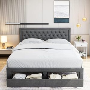 King Bed Frame with 2 Storage Drawers, Fabric Upholstered Platform Bed Frame with Deep-set Pattern Button Tufted Headboard, Sturdy Wood Slats Support Mattress Foundation, No Box Spring Needed, Grey