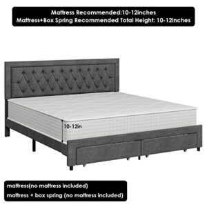 King Bed Frame with 2 Storage Drawers, Fabric Upholstered Platform Bed Frame with Deep-set Pattern Button Tufted Headboard, Sturdy Wood Slats Support Mattress Foundation, No Box Spring Needed, Grey