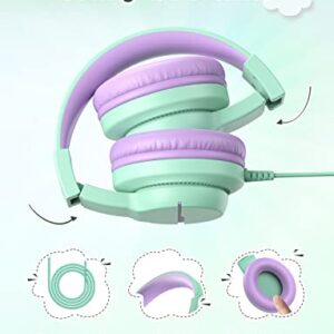 iClever HS19 Kids Headphones with Microphone for School, Volume Limiter 85/94dB, Over-Ear Girls Boys Headphones for Kids with Shareport, Foldable Wired Headphones for iPad/Fire Tablet/Travel, Green