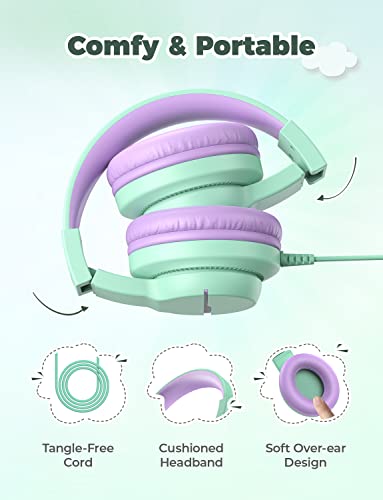 iClever HS19 Kids Headphones with Microphone for School, Volume Limiter 85/94dB, Over-Ear Girls Boys Headphones for Kids with Shareport, Foldable Wired Headphones for iPad/Fire Tablet/Travel, Green