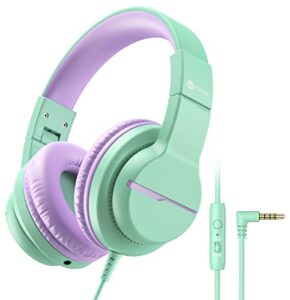 iclever hs19 kids headphones with microphone for school, volume limiter 85/94db, over-ear girls boys headphones for kids with shareport, foldable wired headphones for ipad/fire tablet/travel, green