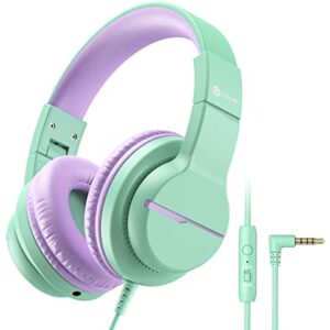 iClever HS19 Kids Headphones with Microphone for School, Volume Limiter 85/94dB, Over-Ear Girls Boys Headphones for Kids with Shareport, Foldable Wired Headphones for iPad/Fire Tablet/Travel, Green