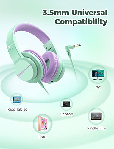 iClever HS19 Kids Headphones with Microphone for School, Volume Limiter 85/94dB, Over-Ear Girls Boys Headphones for Kids with Shareport, Foldable Wired Headphones for iPad/Fire Tablet/Travel, Green