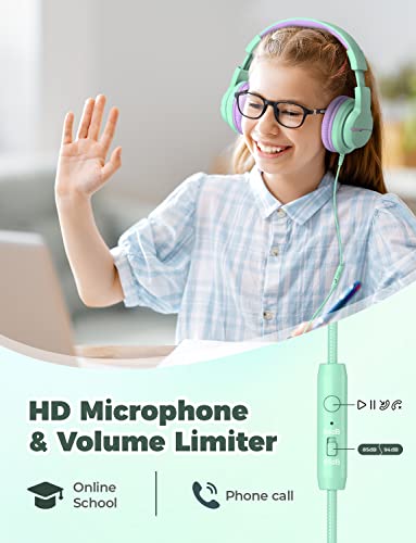 iClever HS19 Kids Headphones with Microphone for School, Volume Limiter 85/94dB, Over-Ear Girls Boys Headphones for Kids with Shareport, Foldable Wired Headphones for iPad/Fire Tablet/Travel, Green